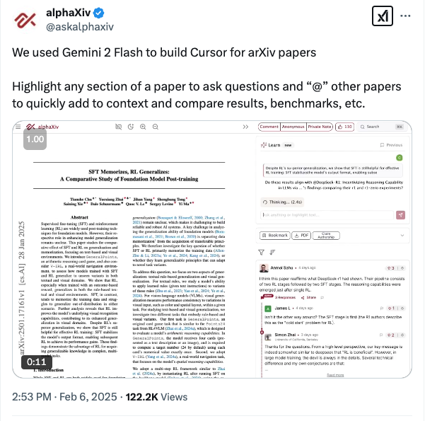AlphaXiv's post on X announcing the new feature.